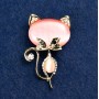 Brooch Cat - Cat's Eye Heart Pink with White Crystals 45x28mm Yellow Metal