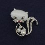 Brooch Cat Cat's Eye White with White Rhinestones 44x39 mm Silver Metal