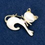 Brooch Cat Cat's Eye with Enamel White 37x44mm Yellow Metal