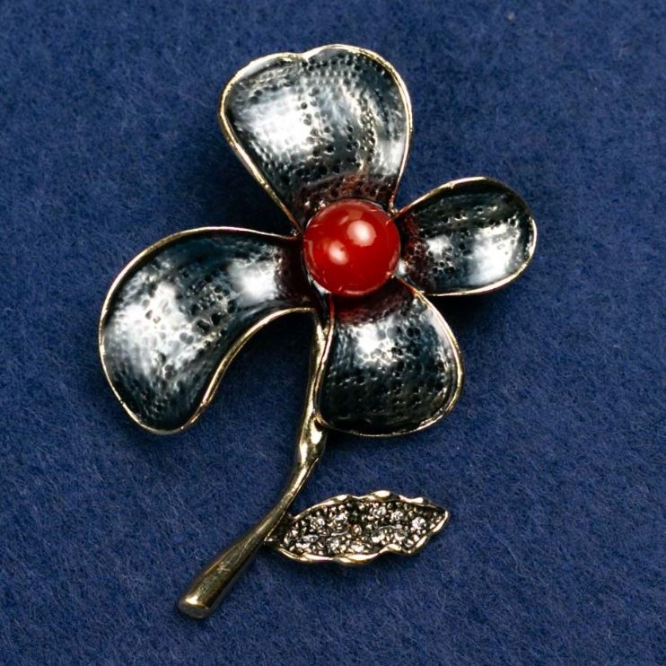 Brooch Flower with Carnelian Bead and Enamel, 47x60mm, gold-toned metal