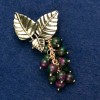 Brooch with Zoisite Natural Stone "Twig with Berries", metal in gold color 60x35mm