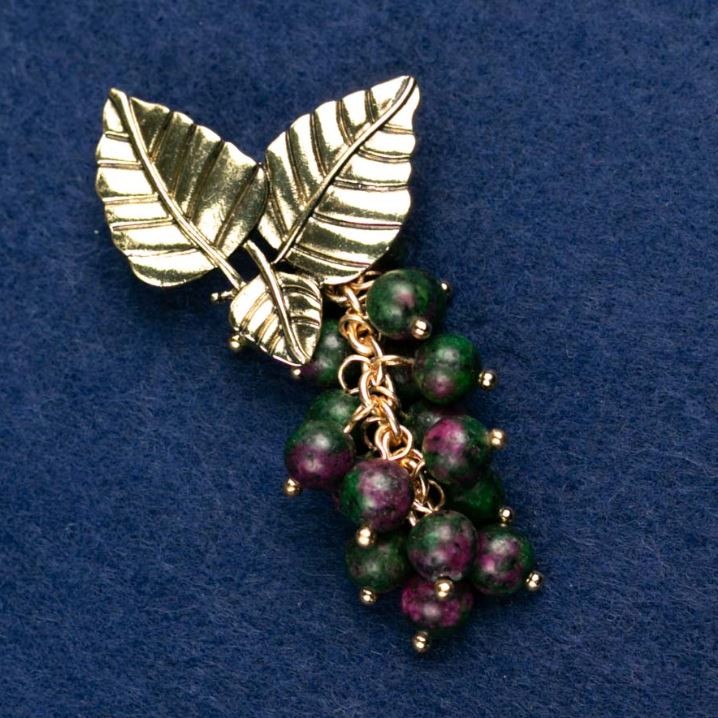 Brooch with Zoisite Natural Stone "Twig with Berries", metal in gold color 60x35mm