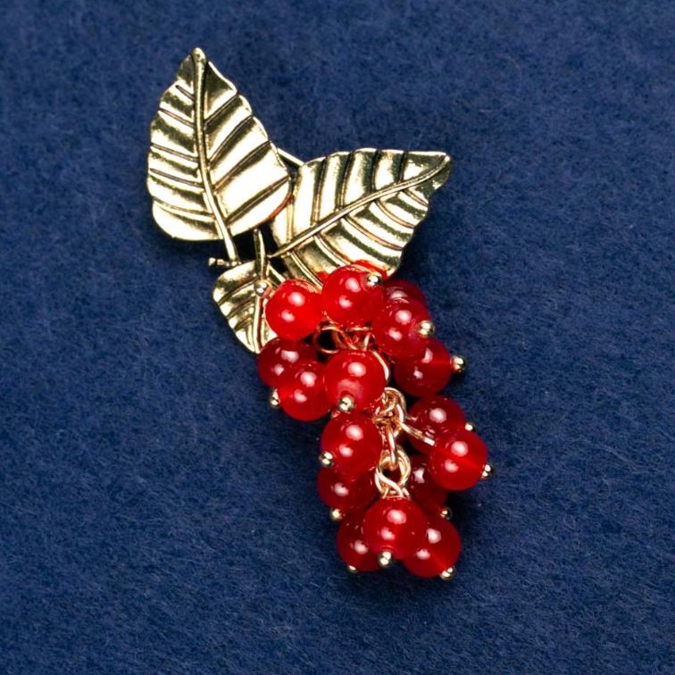 Brooch with Carnelian "Twig with Berries", gold-tone metal 60x35mm