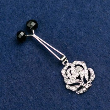 Brooch Flower with White Rhinestones and Black Beads, Silver Metal Finish 55x20mm