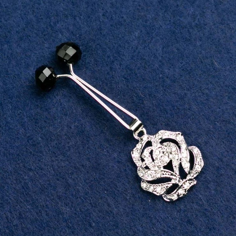 Brooch Flower with White Rhinestones and Black Beads, Silver Metal Finish 55x20mm