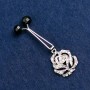 Brooch Flower with White Rhinestones and Black Beads, Silver Metal Finish 55x20mm