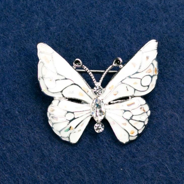 Brooch "Butterfly" with white crystals, white enamel, and halite, silver metal color 38x31mm