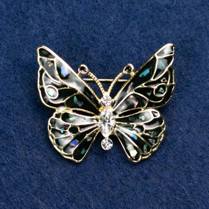Brooch "Butterfly" with White Crystals, Dark Gray Enamel with Chalcedony, Gold Tone Metal 37x32mm
