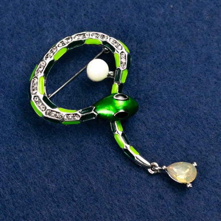 Brooch "Snake" green enamel with crystal, bead and white rhinestones, metal in silver color 35x64mm