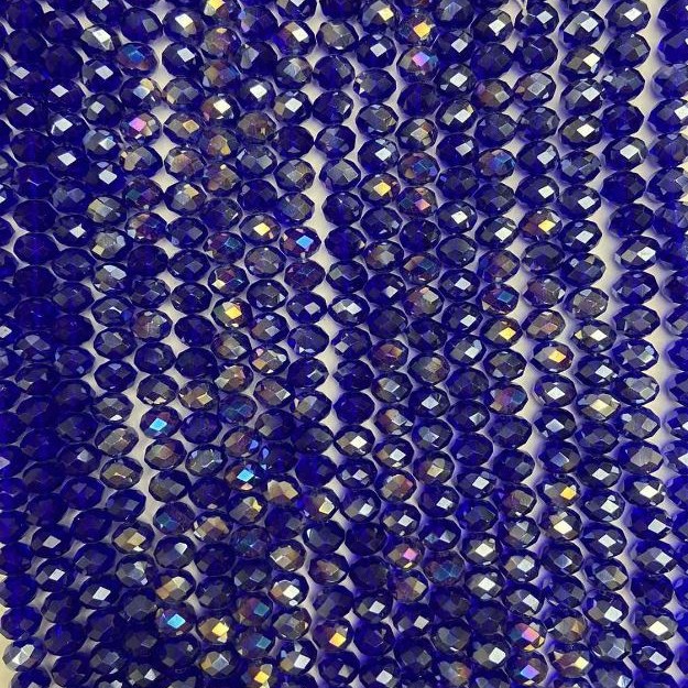 Beads Czech Crystal on Thread, blue with gasoline tint, faceted rondelle, diameter 8x6mm, length 40-42cm