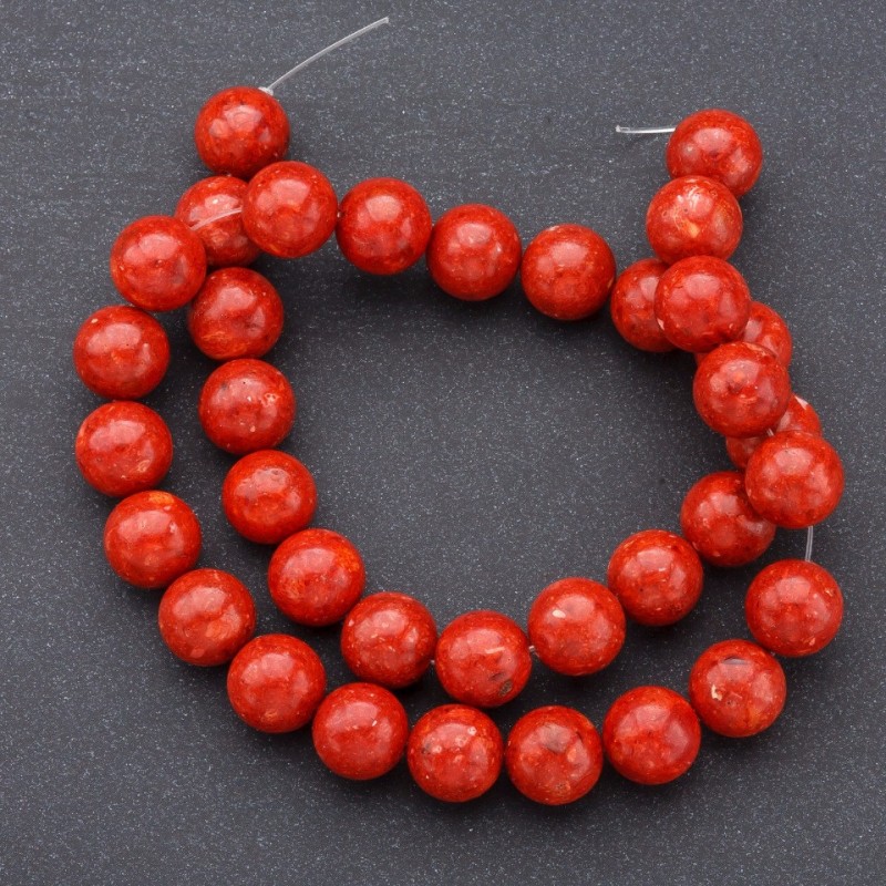 Natural coral beads round glossy 12 mm diameter, 37 cm thread length