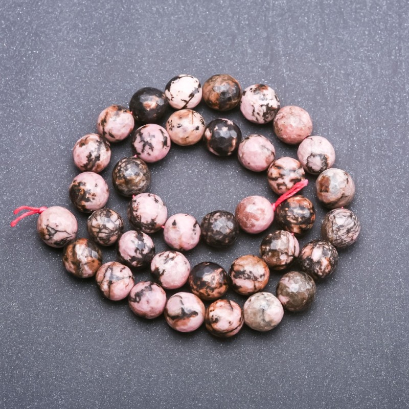 Rhodonite Beads faceted round 10mm on a thread, 37 cm length