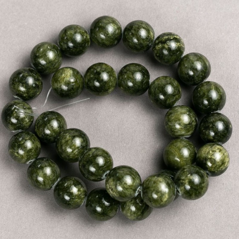 Beads on Thread Tarnished Quartz (plastic/acryl) dark green smooth sphere, diameter 14.5 mm ±, length 40 cm