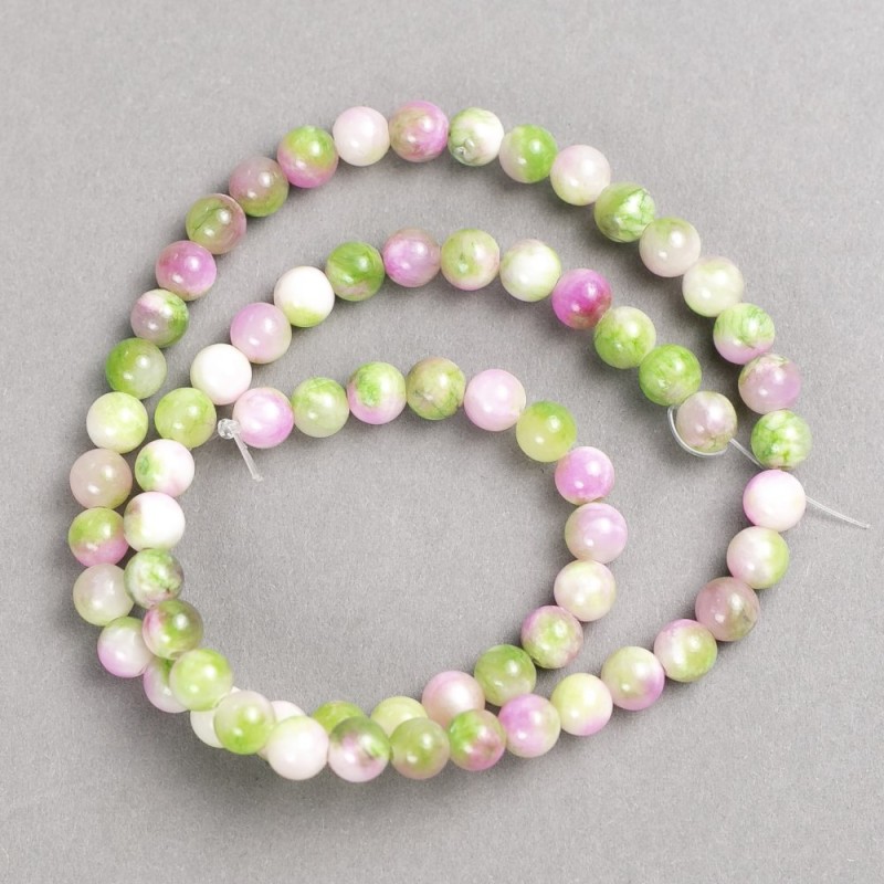 Beads green-pink-white "Turquoise" (artificial acrylic) on beading thread smooth sphere, diameter 6mm±, length 40cm±