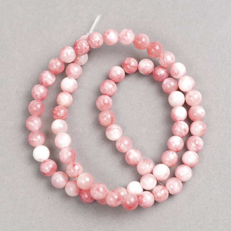 Beads, pink-white, semi-transparent "Rhodonite" (acrylic imitation) on thread, smooth sphere, diameter 6mm±, length 40cm±