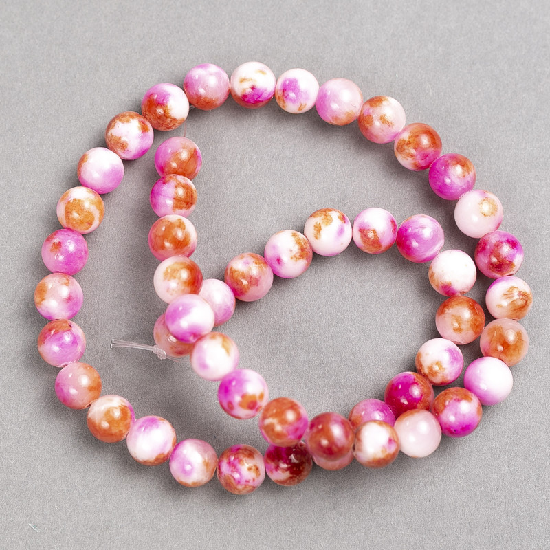 Beads Raspberry-White-Orange Agate (piece) on thread, smooth ball, diameter 8mm±, length 40cm ±