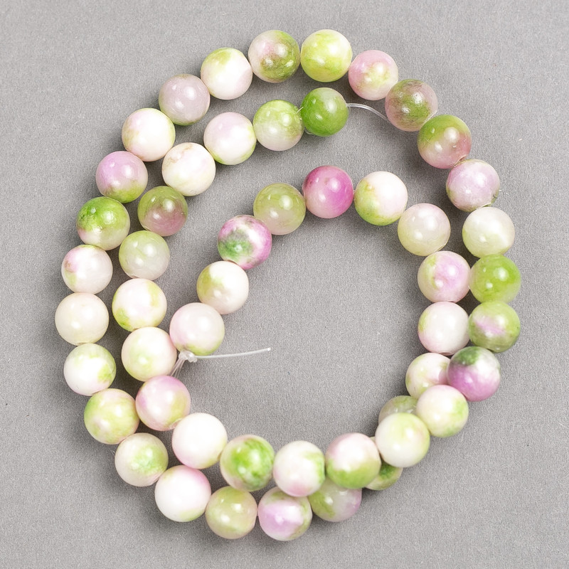 Beads green pink white "Turmaline" (artificial acrylic) on thread smooth ball, diameter 8mm+-, length 40cm +