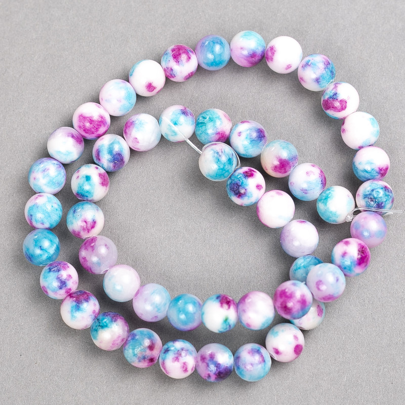 Beads Pink-Blue-White “Agate” (plastic acrylic) on thread, smooth round beads, diameter 8 mm, length 40 cm
