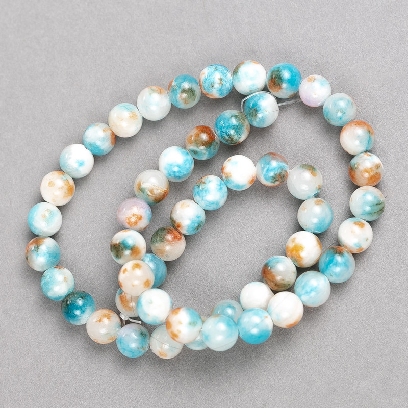 Beads white-blue-burled “Agate” (plastic acrylic) on thread smooth sphere, diameter 8mm, length 40cm