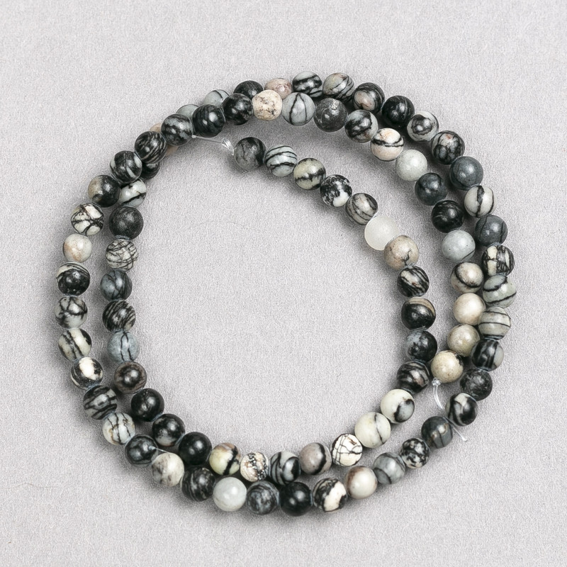 Jasper Picasso Beads Gray on Thread Smooth Round Bead, 4mm diameter ±, 38cm length ±