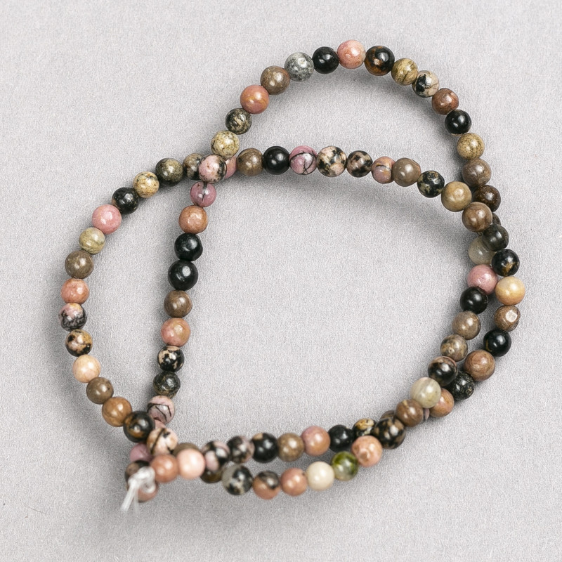 Rhodonite Beads on Thread, smooth round 4mm ±, length 38cm ±