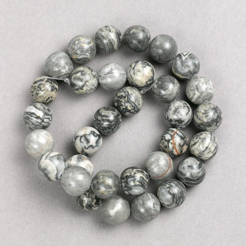 Oceanic Gray Jasper Beads on Thread, Smooth Round 12mm, 38cm+ Length