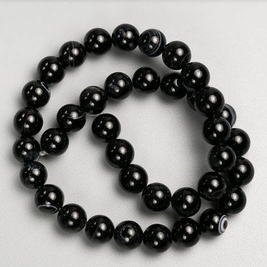 Beads on Thread Natural Stone Agate Black, smooth round bead, diameter 10mm±, length 37cm±