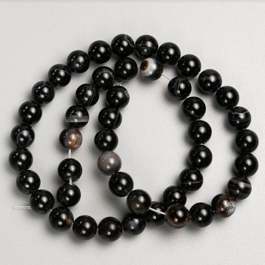 Beads on Thread Natural Stone Agate Black, smooth round bead, diameter 8mm±, length 38cm±
