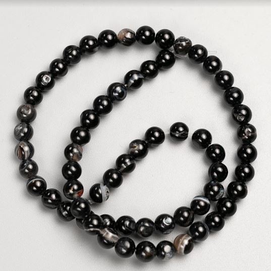 Beads on Thread Natural Stone Agate Black, Smooth Round Beads 6mm±, Length 37cm±