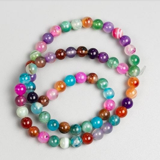 Agate Beads on String - Multicolor Natural Stone, Smooth Round Bead, 6.5 mm +/- diameter, total length 38 cm +/-