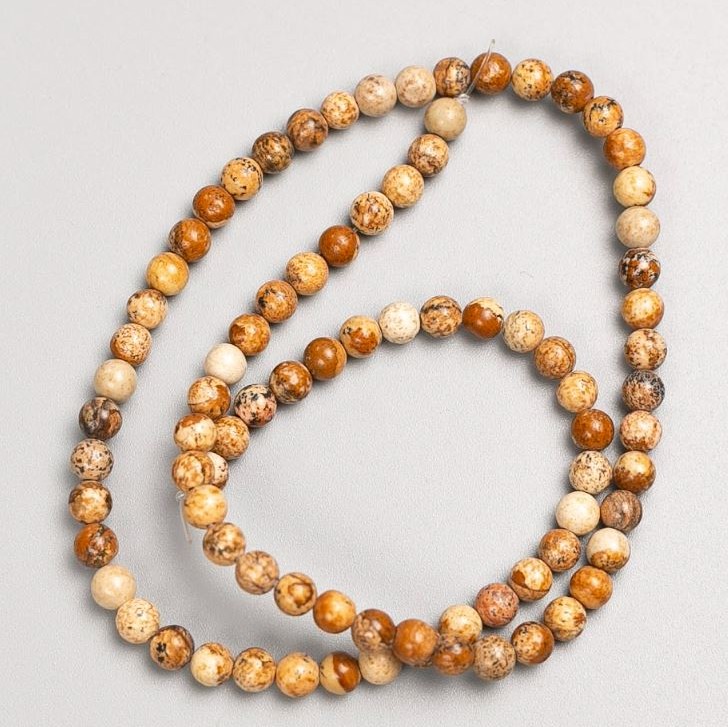 Landscape Jasper Glass Beads on Thread, Smooth Round Beads 4–5 mm, Length 37 cm