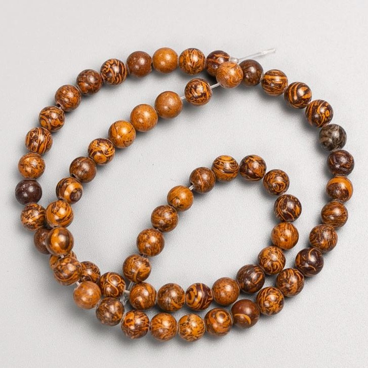 Jasper Beads on Thread, Wooden Jasper Smooth Sphere, diameter 6.5 mm ±, thread length 39 cm ±