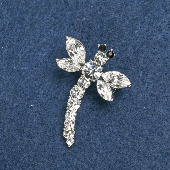 Dragonfly Brooch Silver Metal, White Rhinestones 36x28mm+