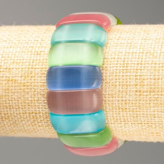 Bracelet Cat's Eye Assortment on Elastic Band Smooth Links 25x10.5mm +/-, length 7.1in