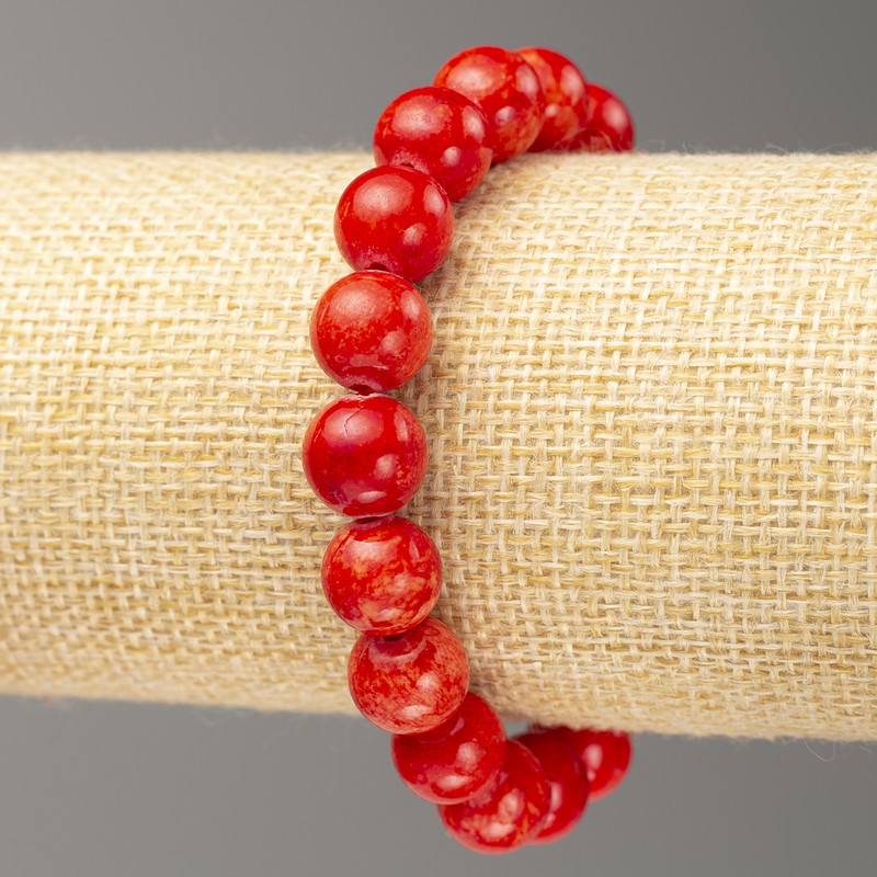 Elastic Bracelet Red Coral (imitation acrylic) smooth bead, 10mm diameter ±, length 18cm ±