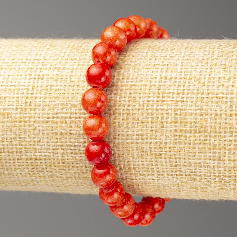 Bracelet Red Coral (plastic acrylic) beaded, 8mm diameter +-, length 18cm +-, smooth ball on elastic