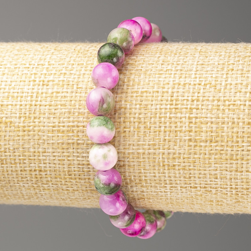 Bracelet in Raspberry-Red, Green, and Gray Oceanic Jade (artificial acrylic), diameter 8mm +-, length 18cm +-, smooth bead on elastic