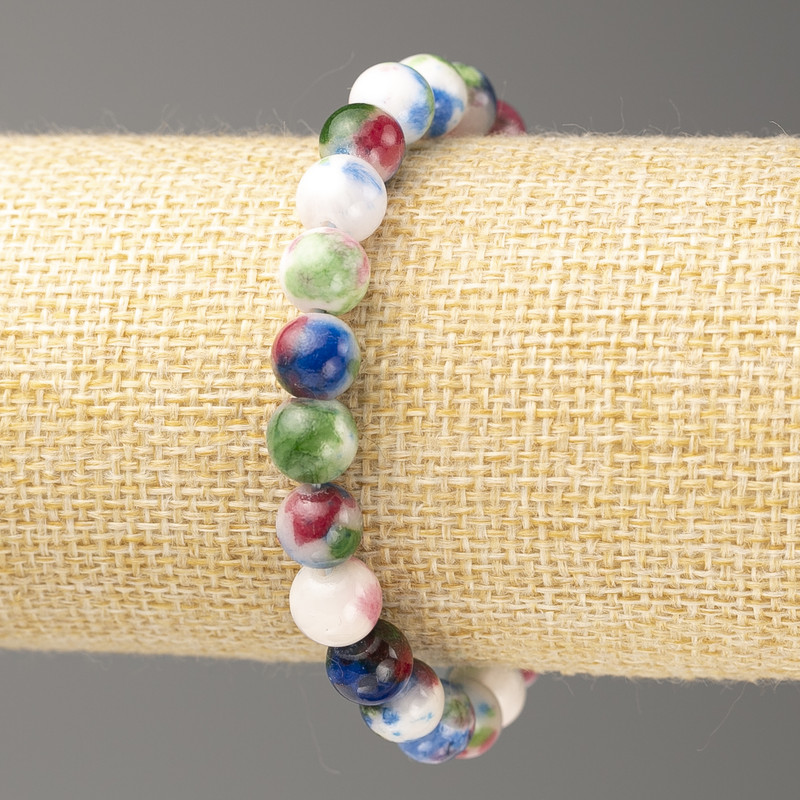 Bracelet in blue-pink-green-white Ocean Jade (artificial acrylic), 8mm diameter ±, length 18cm ± smooth beads on elastic