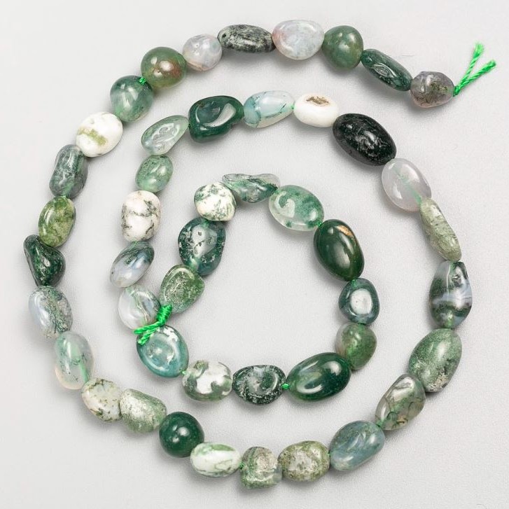 Moss Agate Beads on Thread Natural Stone, tumbled, d 8×13-6×8 mm, length 40 cm
