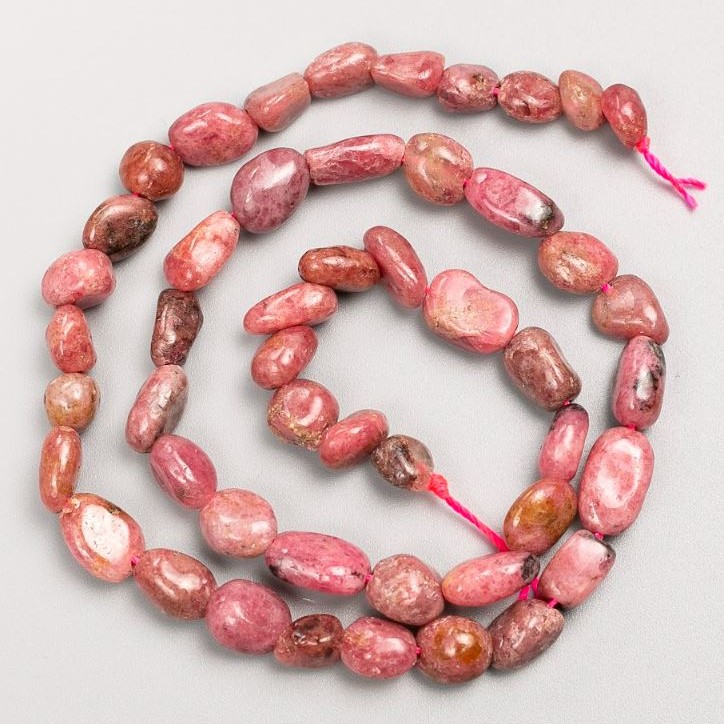 Rhodonite Beads on a Thread, tumbled, natural stone, 7x9-6x7 mm +-, length 40 cm