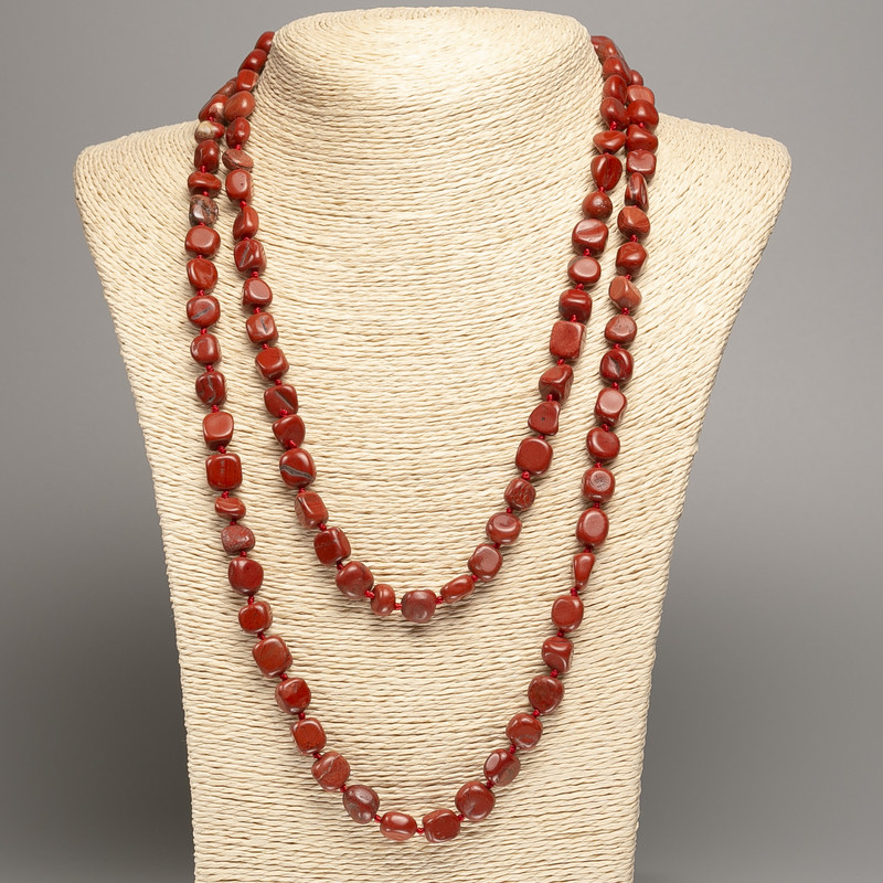 Long Necklace with Red Jasper Beads, faceted, 5x8-10 mm, length 110 cm