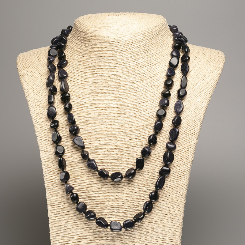 Long necklace with blue aventurine sand (synthetic) faceted, diameter 5×8-10mm ±, length 110cm±