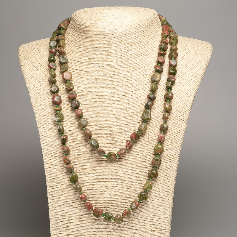 Long Necklace with Unakite Jasper Beads, Faceted, diameter 5x8-10mm, length 110cm