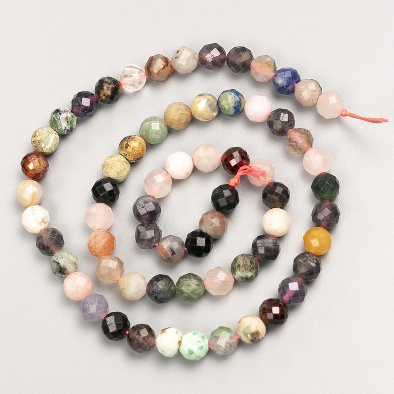 Natural Stone Beads Assorted - Faceted Round 6 mm on Thread, Length 39 cm ±