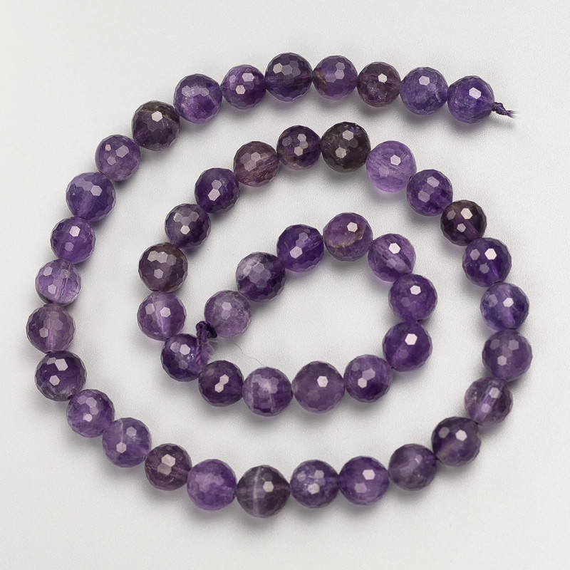Amethyst Beads, Natural Stone, Faceted Round Bead on Thread, Diameter 8mm, Length 39cm