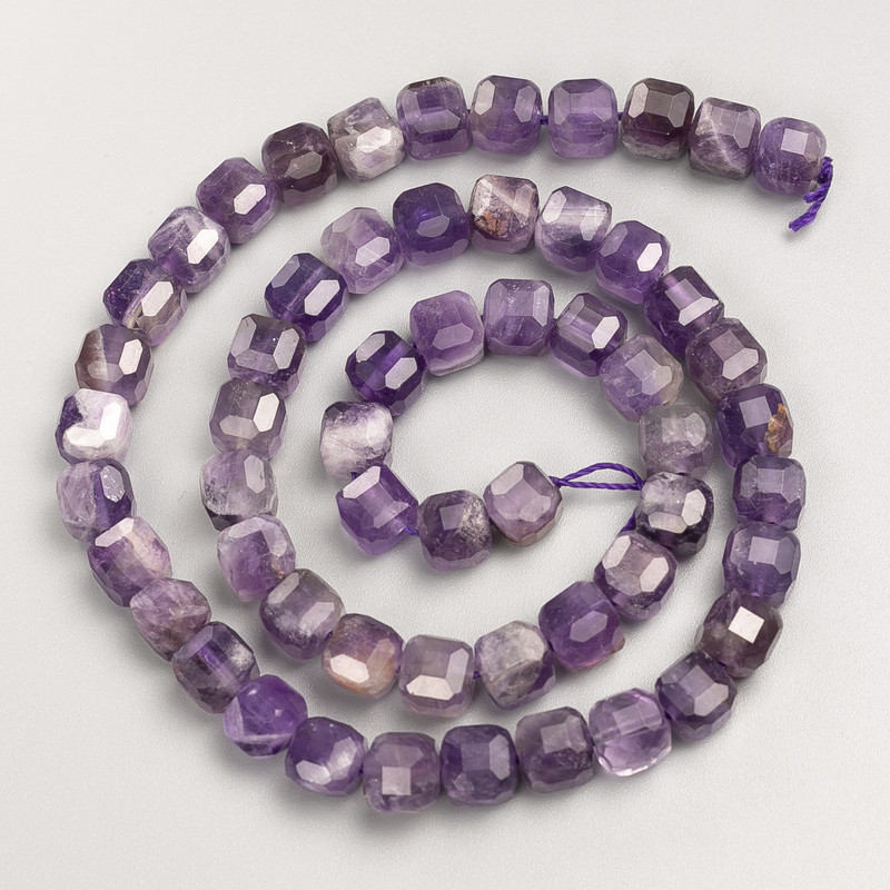 Amethyst Beads, Natural Stone, Faceted Cubes on Thread, 7mm approx. diameter, 39cm length