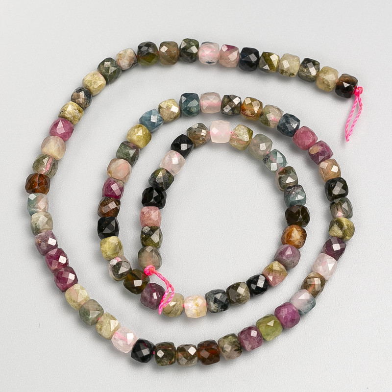 Natural Tourmaline Beads Faceted Cube on Thread, diameter 4–5 mm, length 40 cm