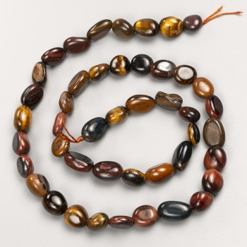 Beads of Natural Stone Tiger's Eye, Hawk's Eye, and Bull's Eye, Gray-Galuted on Thread, 7×8 mm diameter, ~40 cm length