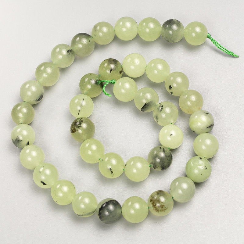 Prehnite Beads, smooth round on thread, 10mm diameter ±, length 38cm ±