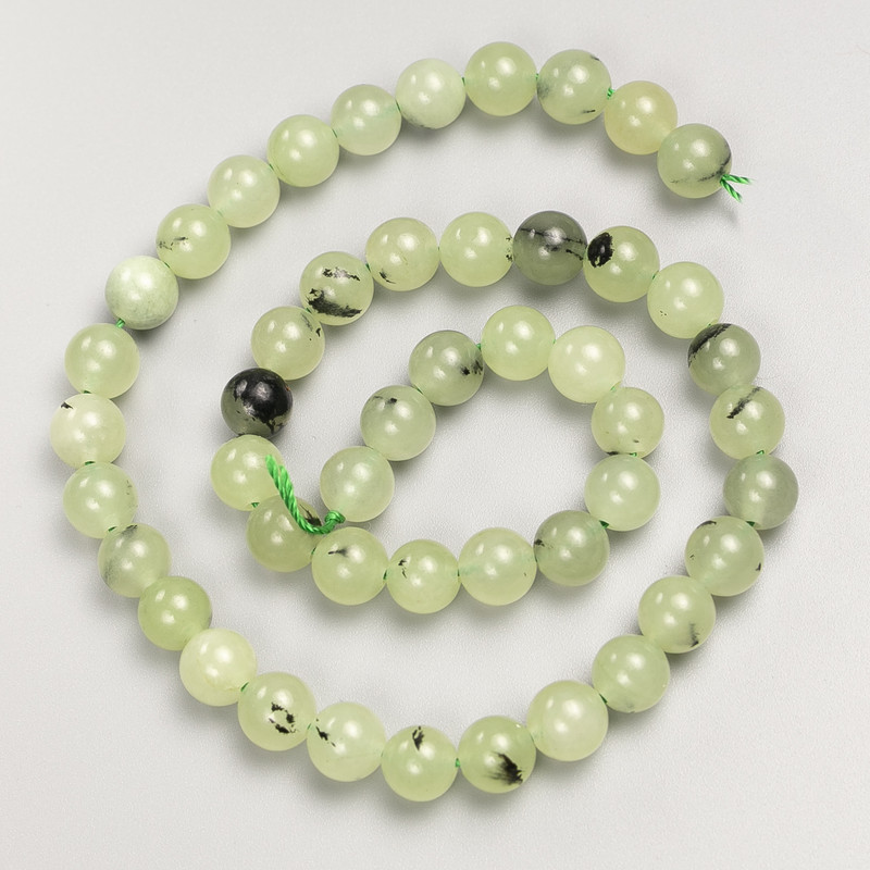 Prehnite Beads smooth round 8mm on thread, length 37cm